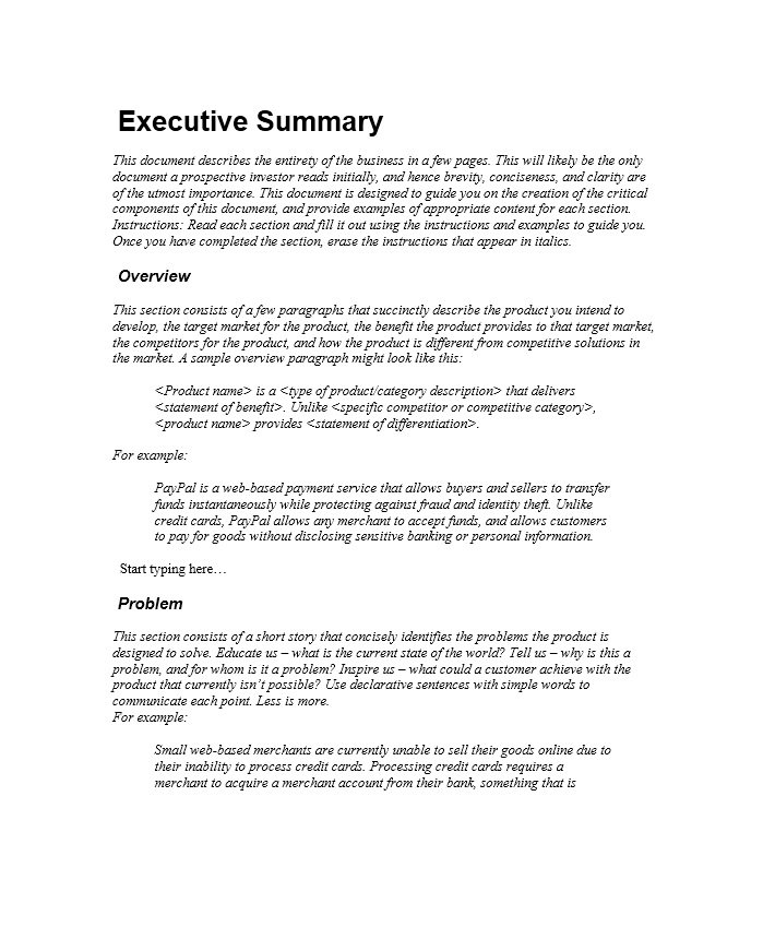 marketing executive summary for business plan