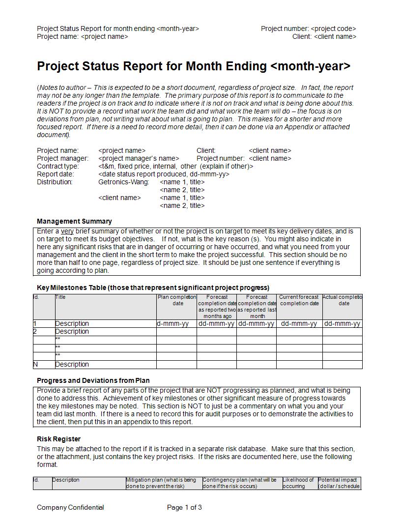business project status report template example