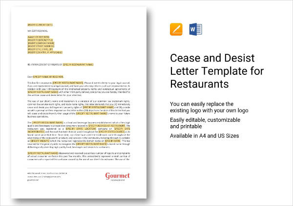 cease and desist letter template for restaurants