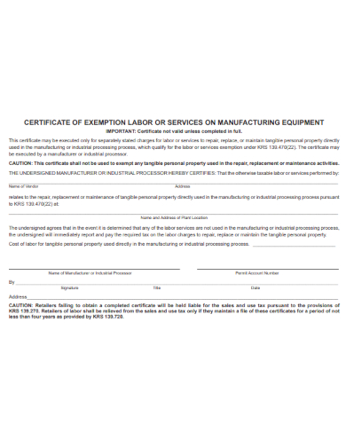 Certificate of Manufacturing Format