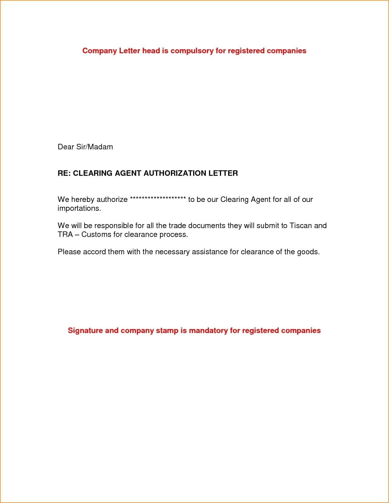 clearing agent authorization letter example