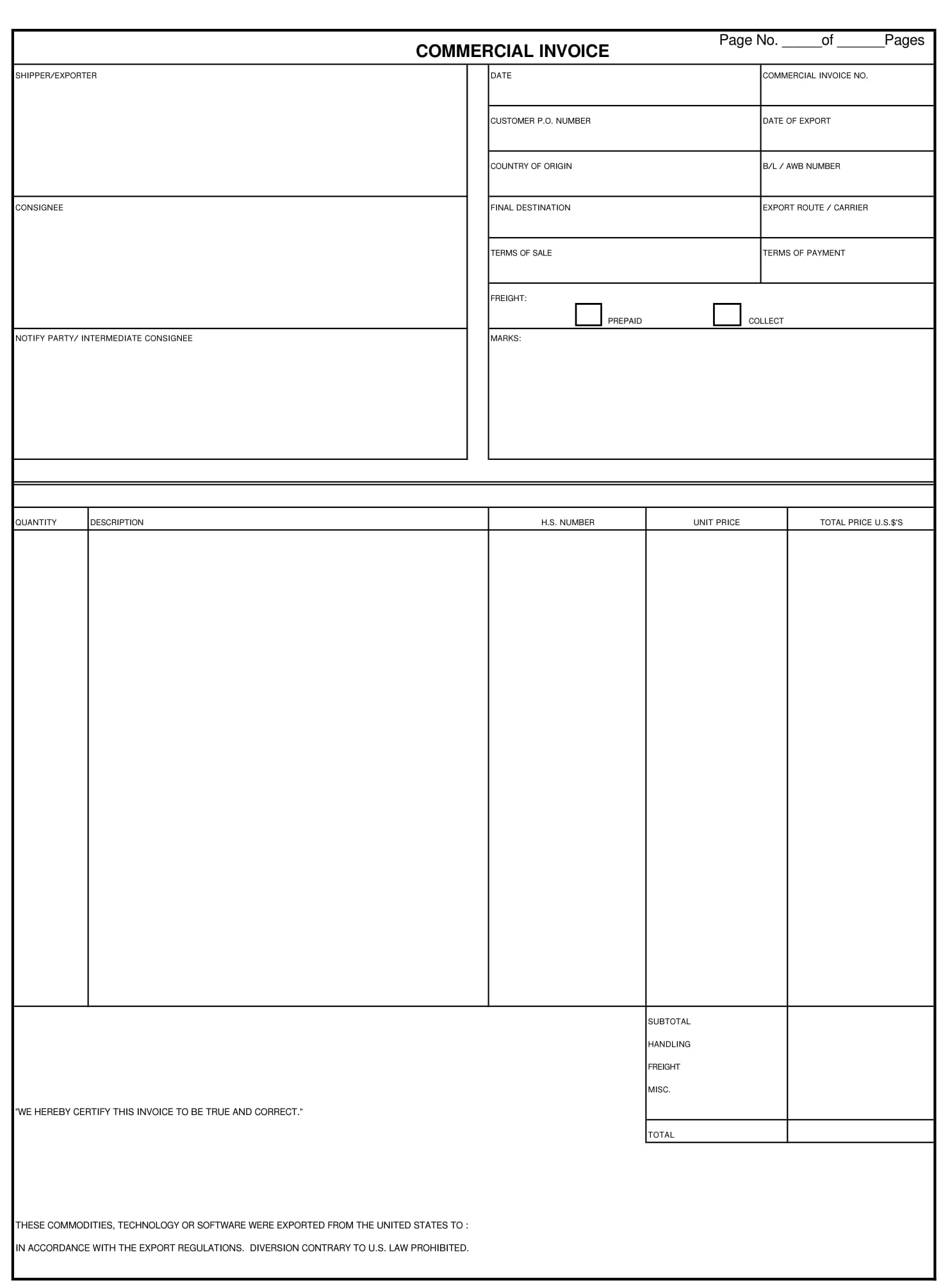 commercial invoice fill in