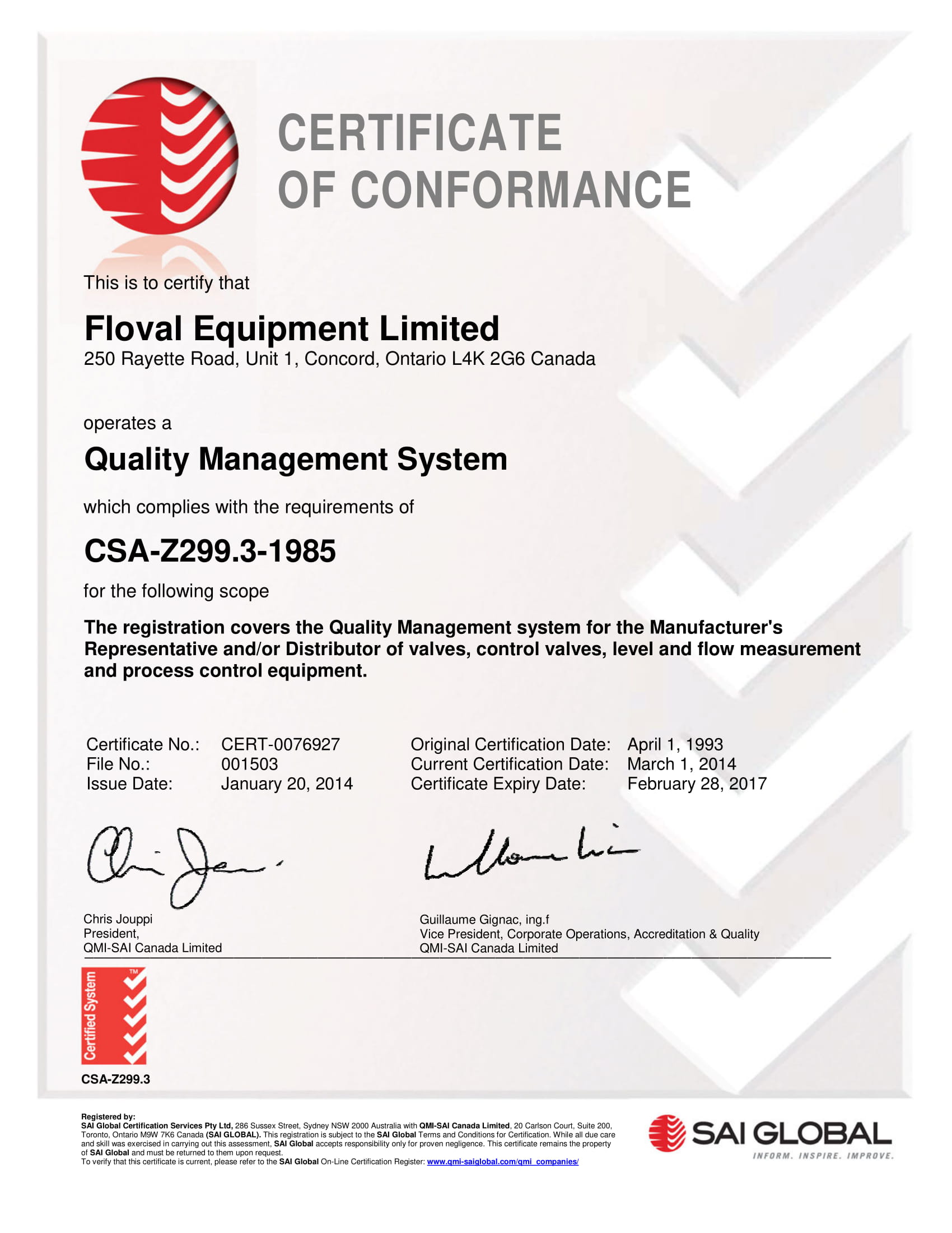 company certificate of conformance example