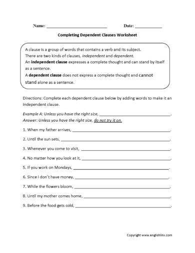 completing dependent clauses worksheet example3
