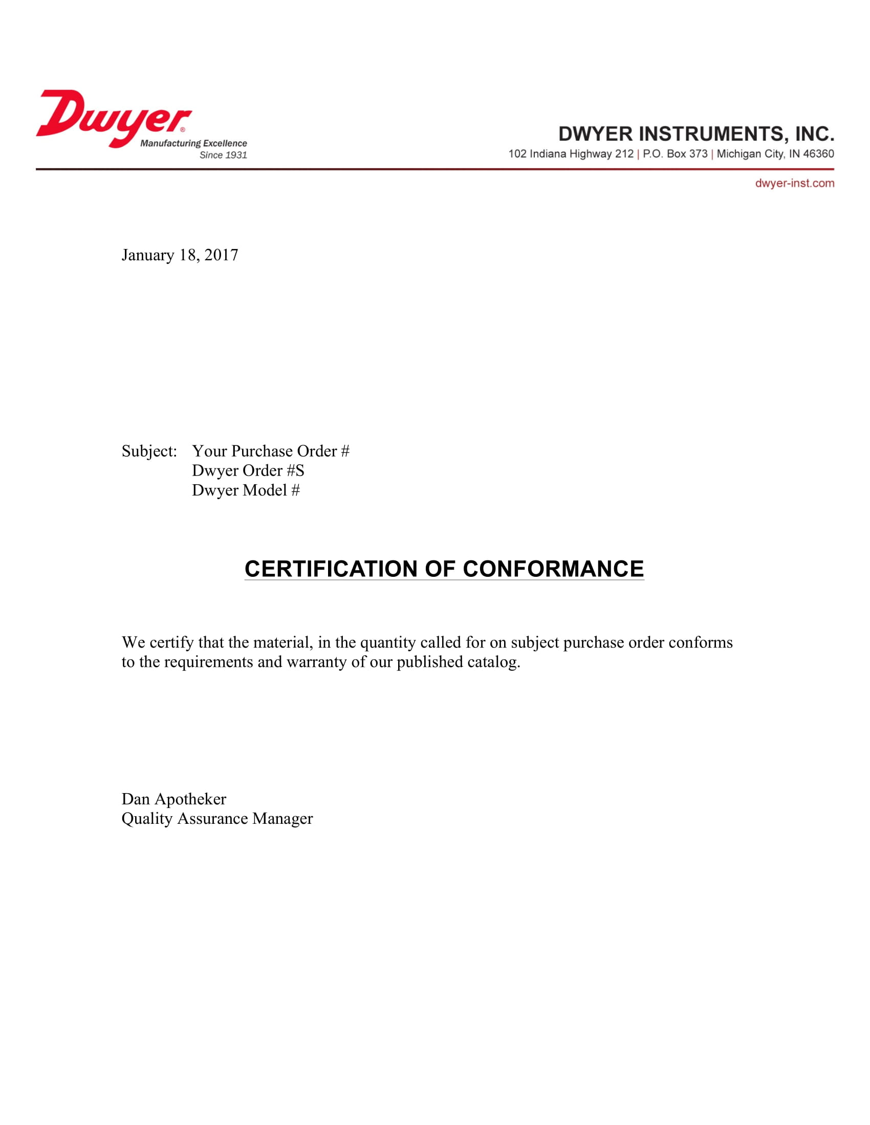 Concise Certificate of Conformance Example