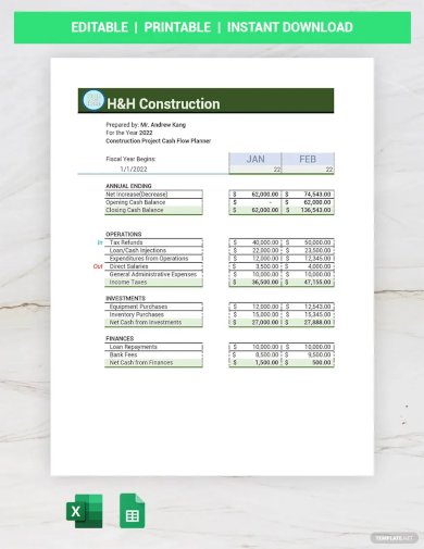 construction project cash flow planner template