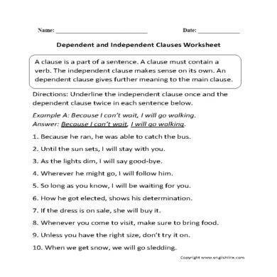 dependent independent clause worksheet example1