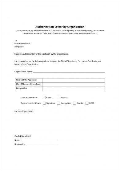 digital signature authorization letter by organization example