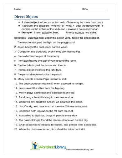 5th Grade Direct Object Worksheet