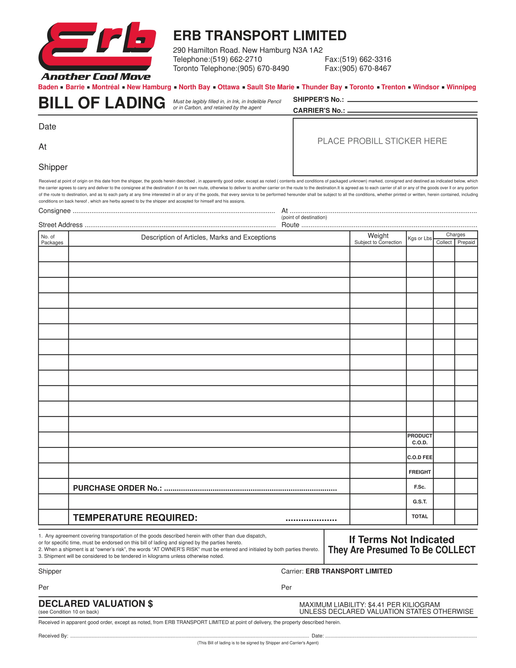 ERB Transport Limited Bill of Lading Example