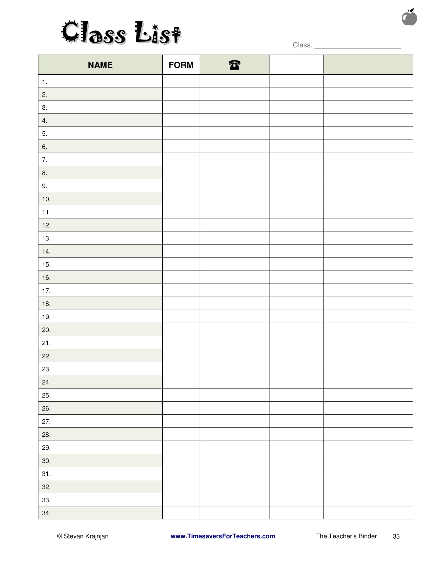elementary class list template example