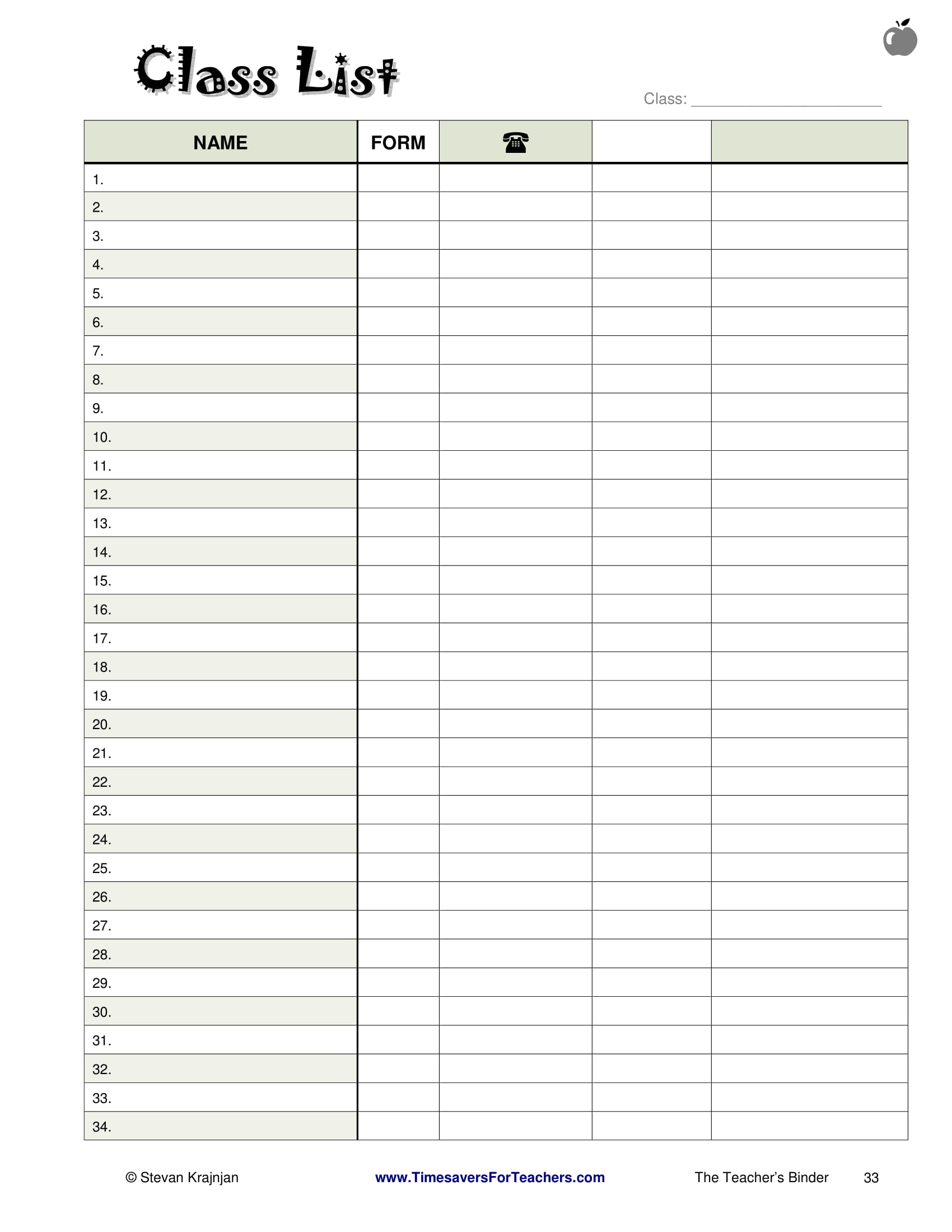 Elementary Class List Template Example