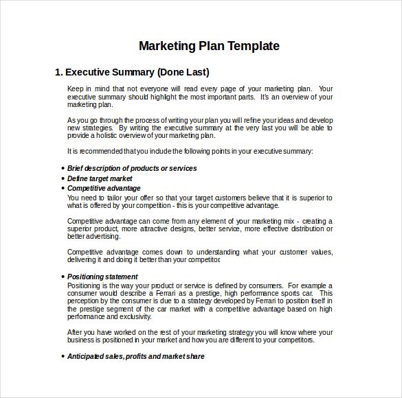 Executive Summary Marketing Plan Template Example