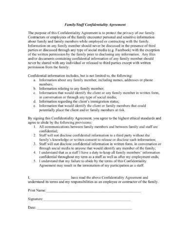 family and staff confidentiality agreement example