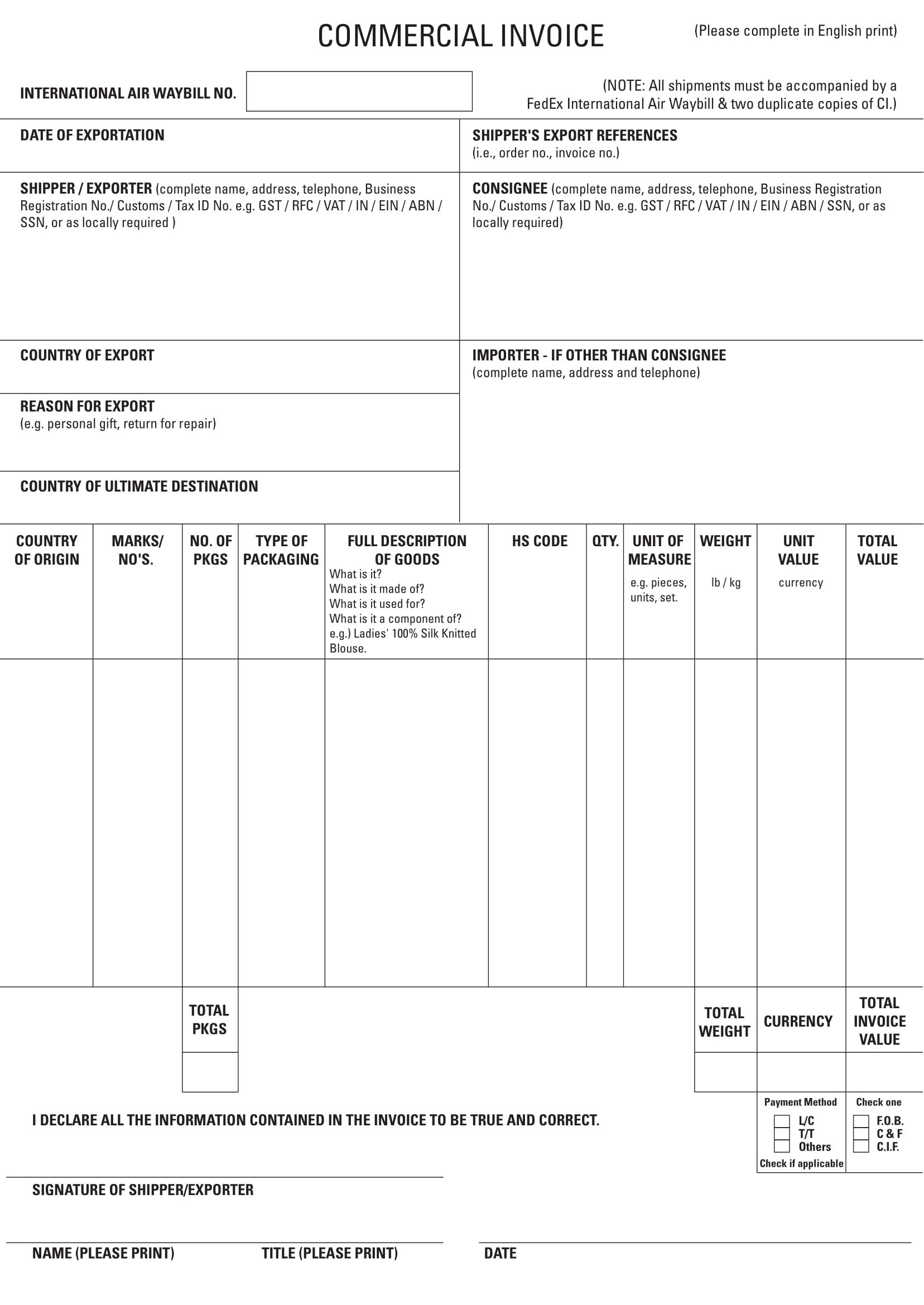 Fedex Commercial Invoice Fillable Form - Printable Forms Free Online