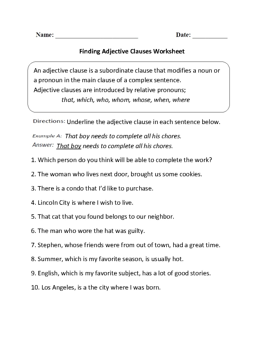 finding adjective clauses worksheet example
