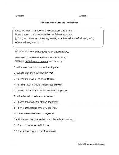 finding noun clauses worksheet example 