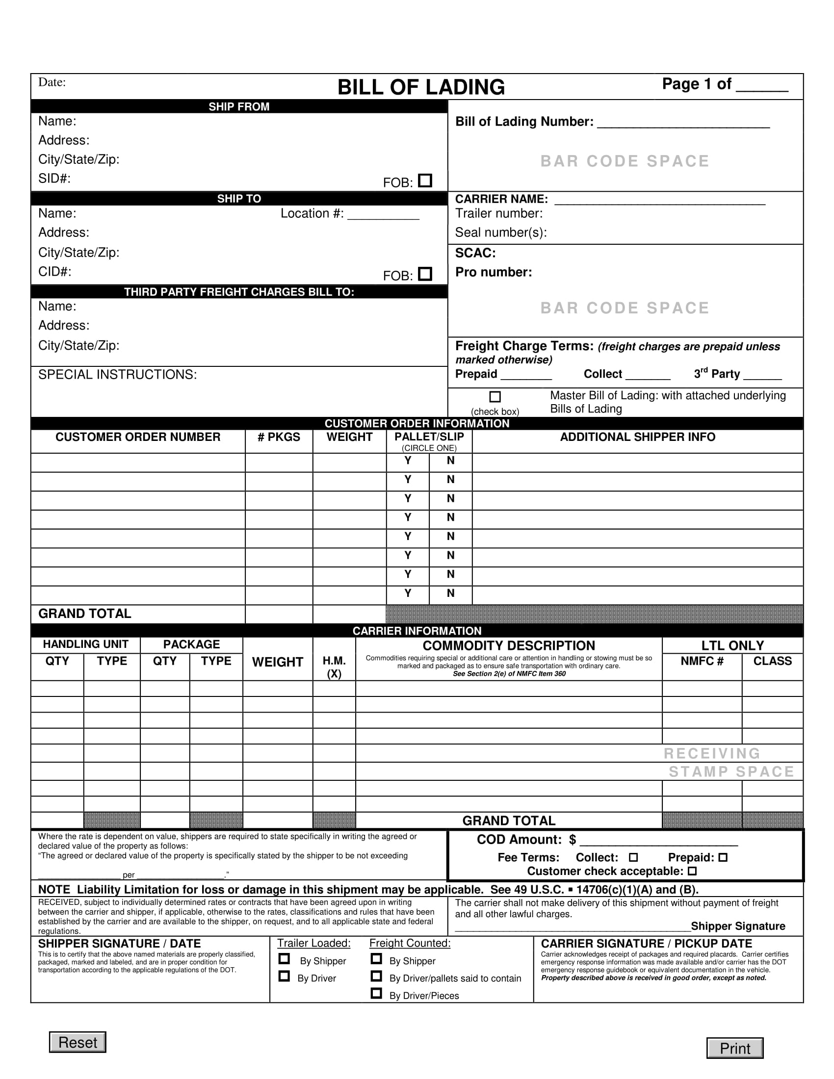 Freight Transport Bill of Lading Example