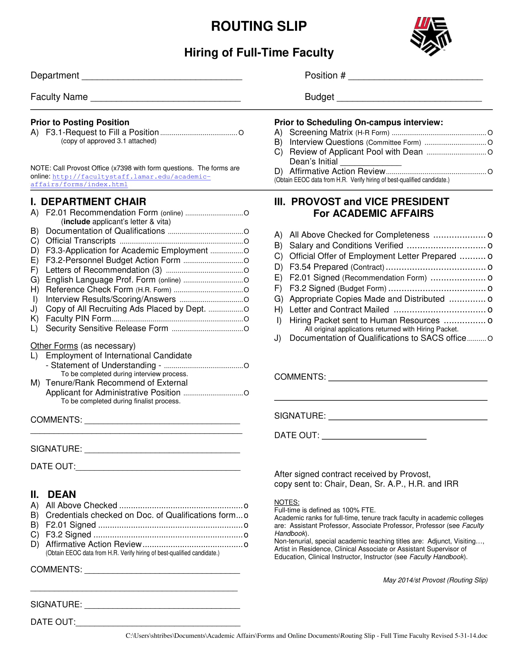 Hiring of Full Time Faculty Routing Slip Example 11