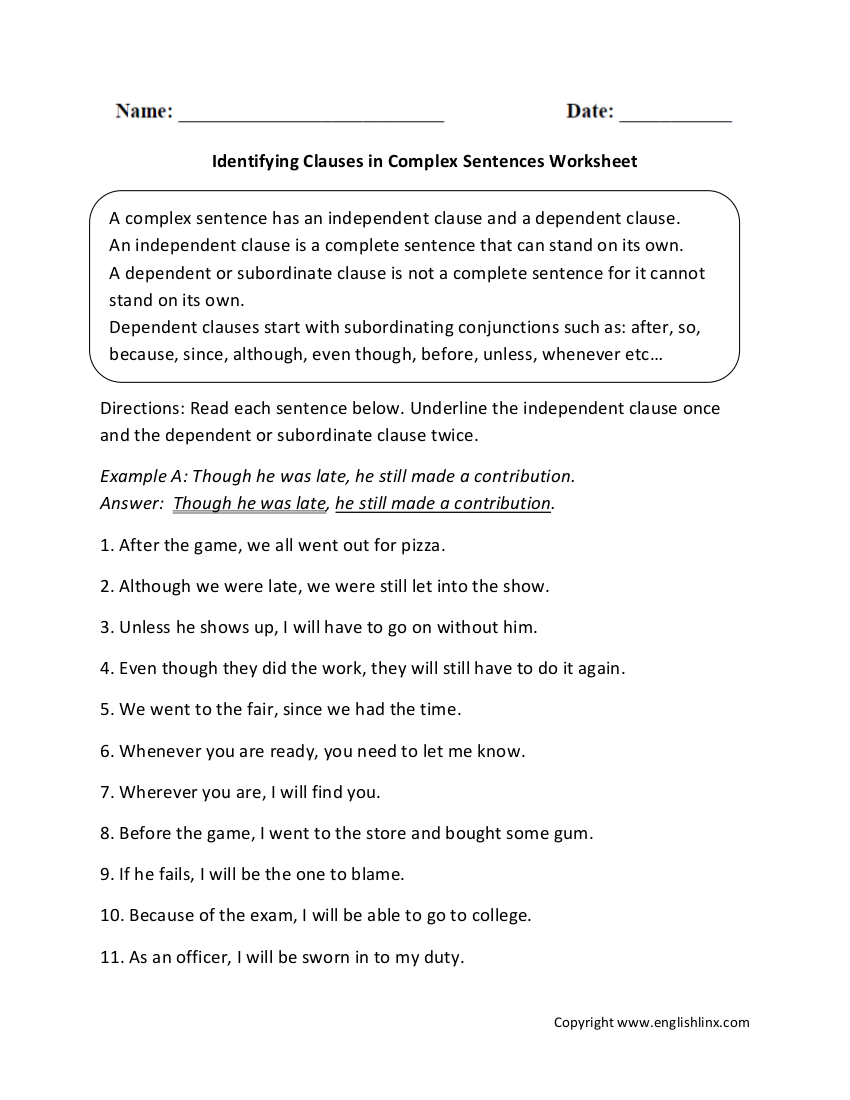 identifying subordinate clauses worksheet example