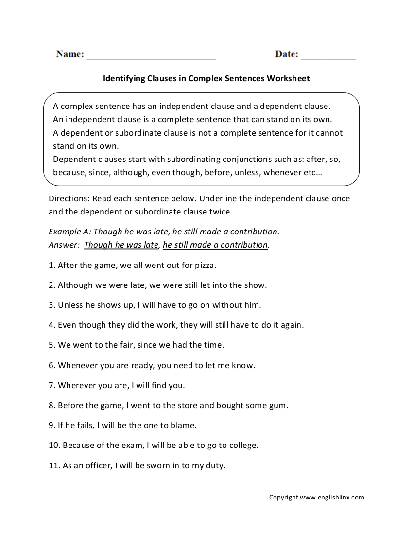 Identifying Subordinate Clauses Worksheet Example