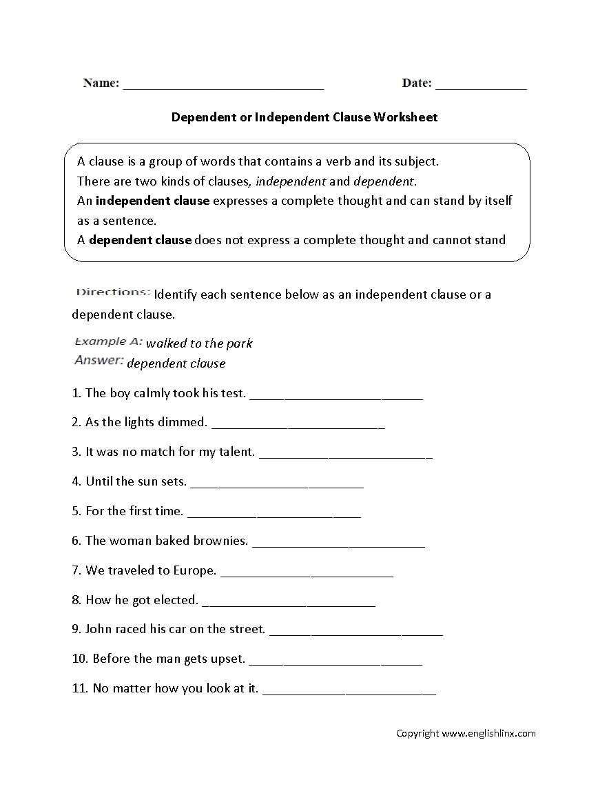 Independent And Dependent Clauses Worksheet