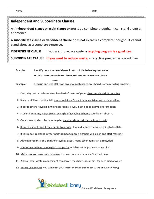 independent clause worksheet for all example