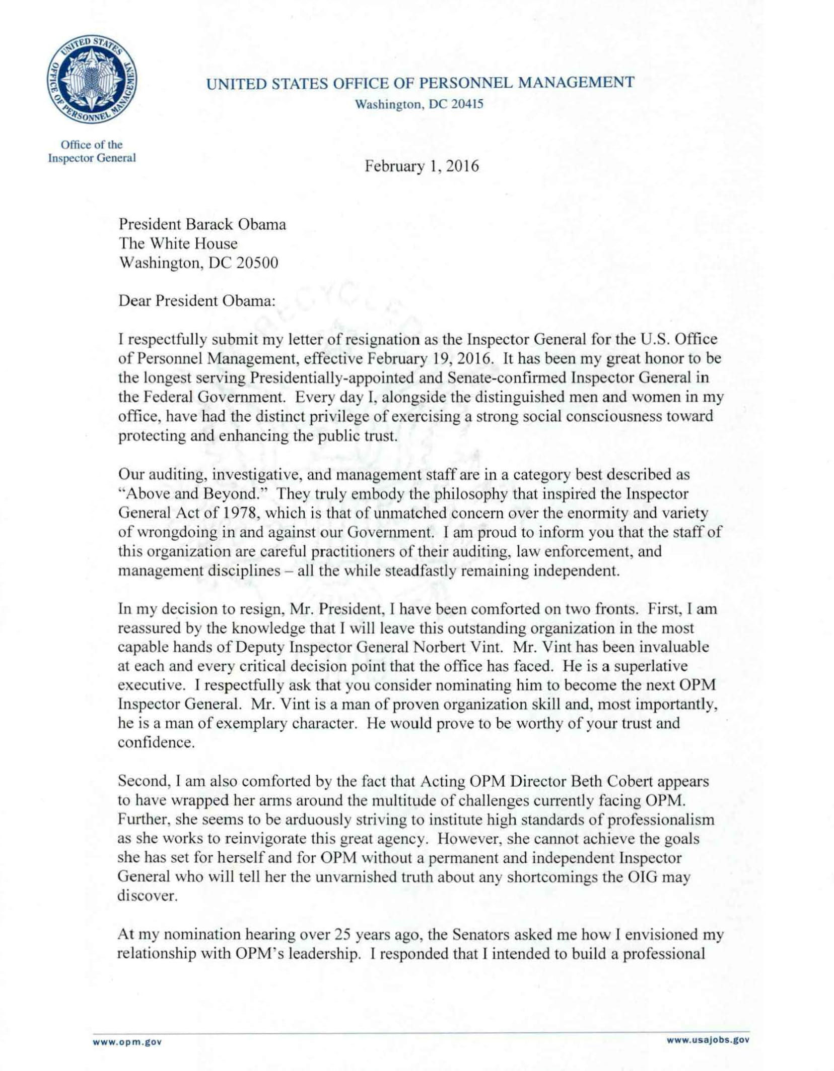 inspector general official resignation letter example