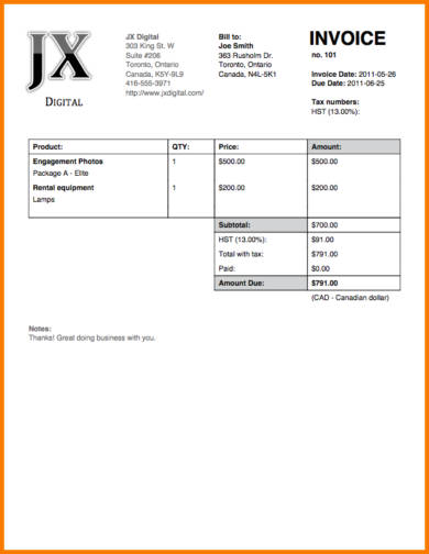 jx digital photoraphy invoice example