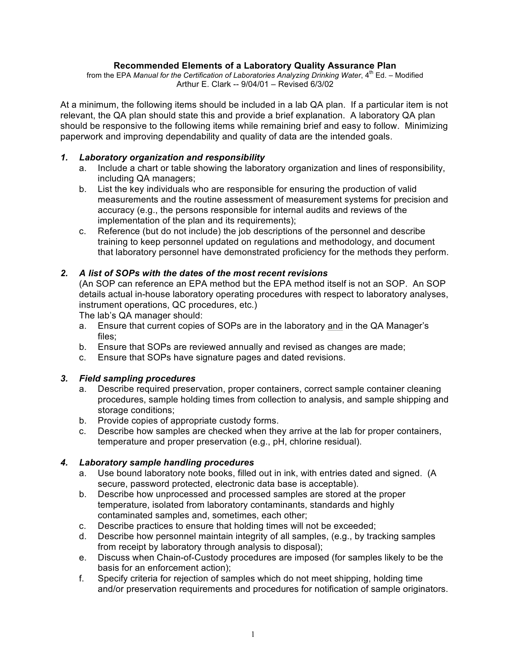 Laboratory Quality Assurance Plan Elements Example 1