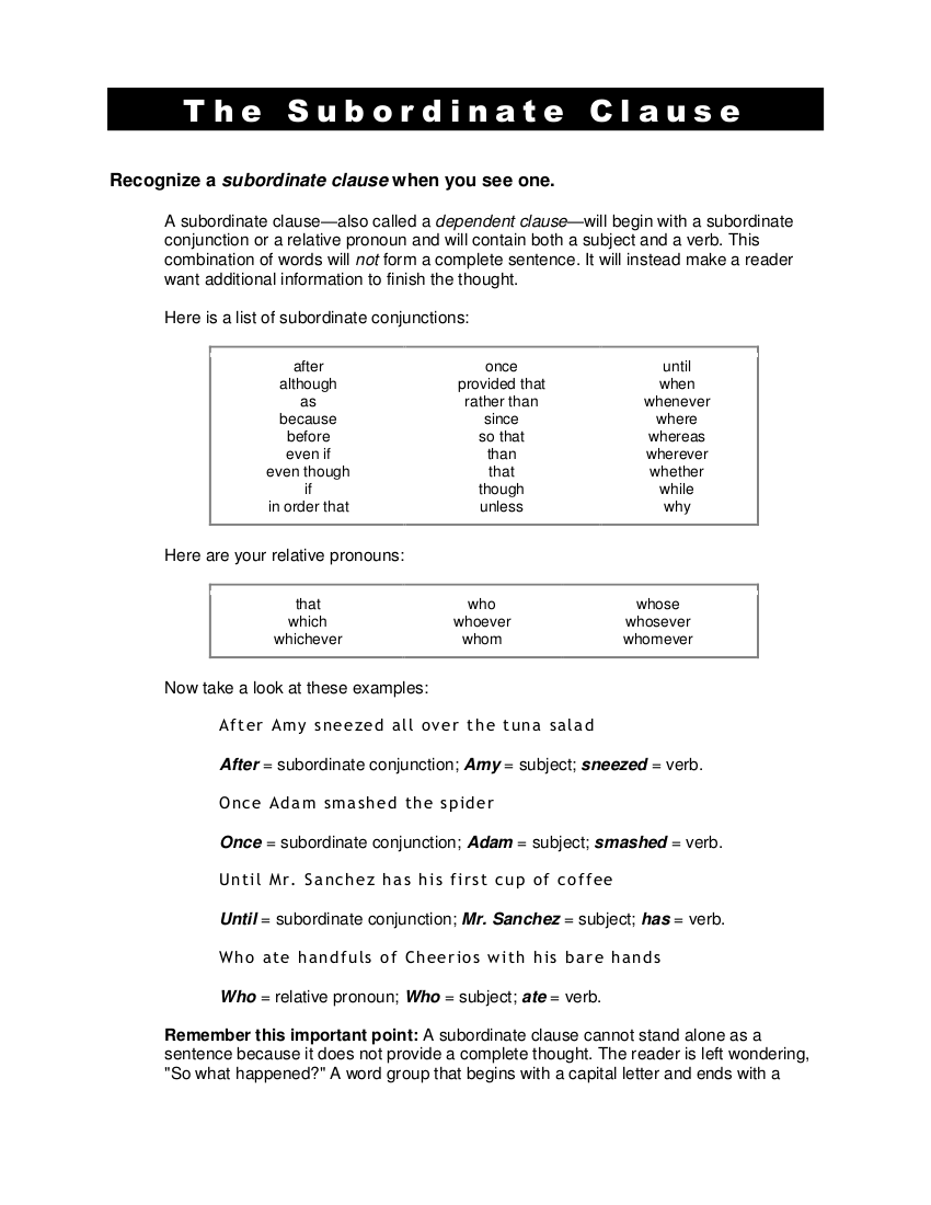 Subordinate Clause Examples Format Pdf Examples