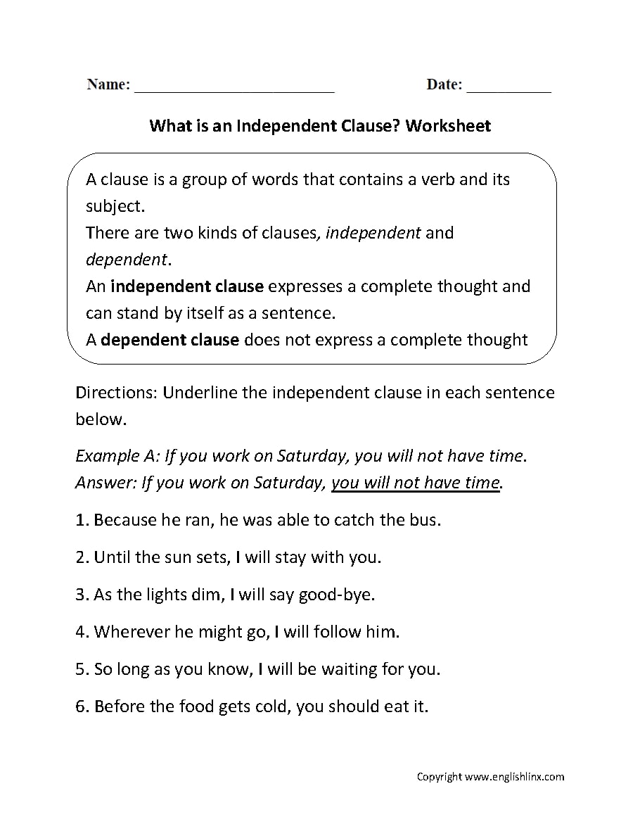 learning independent clauses worksheet examples