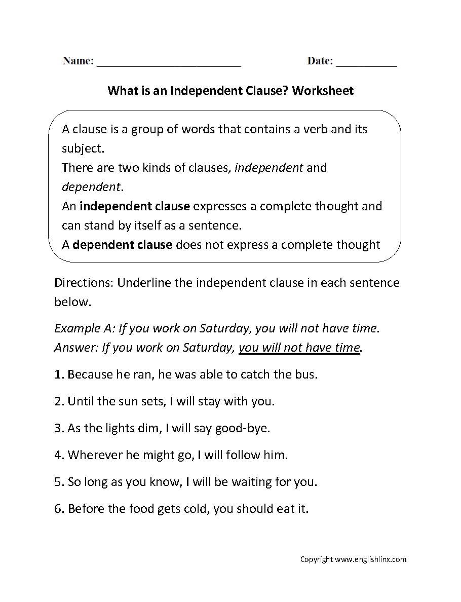 Subordinate And Independent Clauses Worksheet