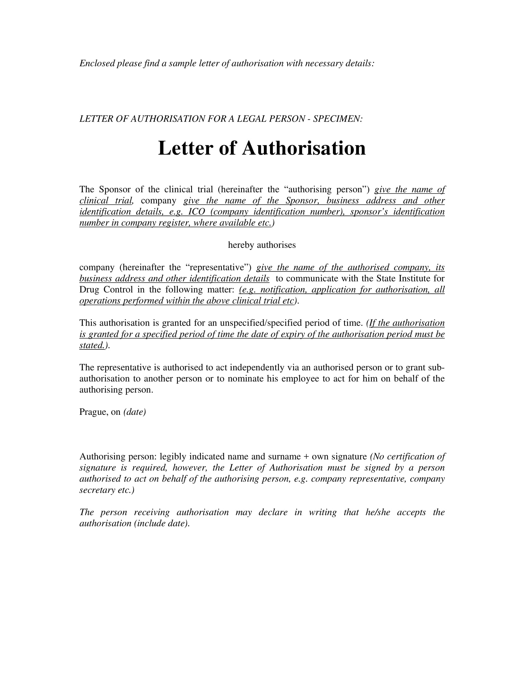 Authorisation letter to act on behalf pdf