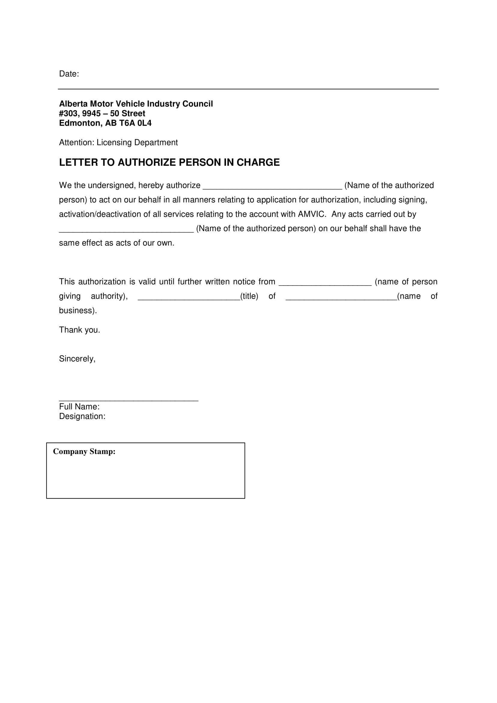 Letter to Authorizate Person in Charge to Act on Behalf Example 1