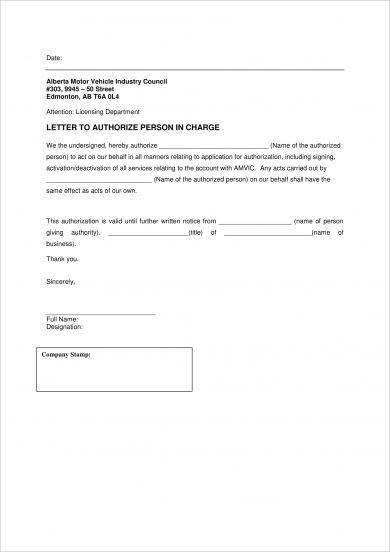 letter to authorize person in charge example
