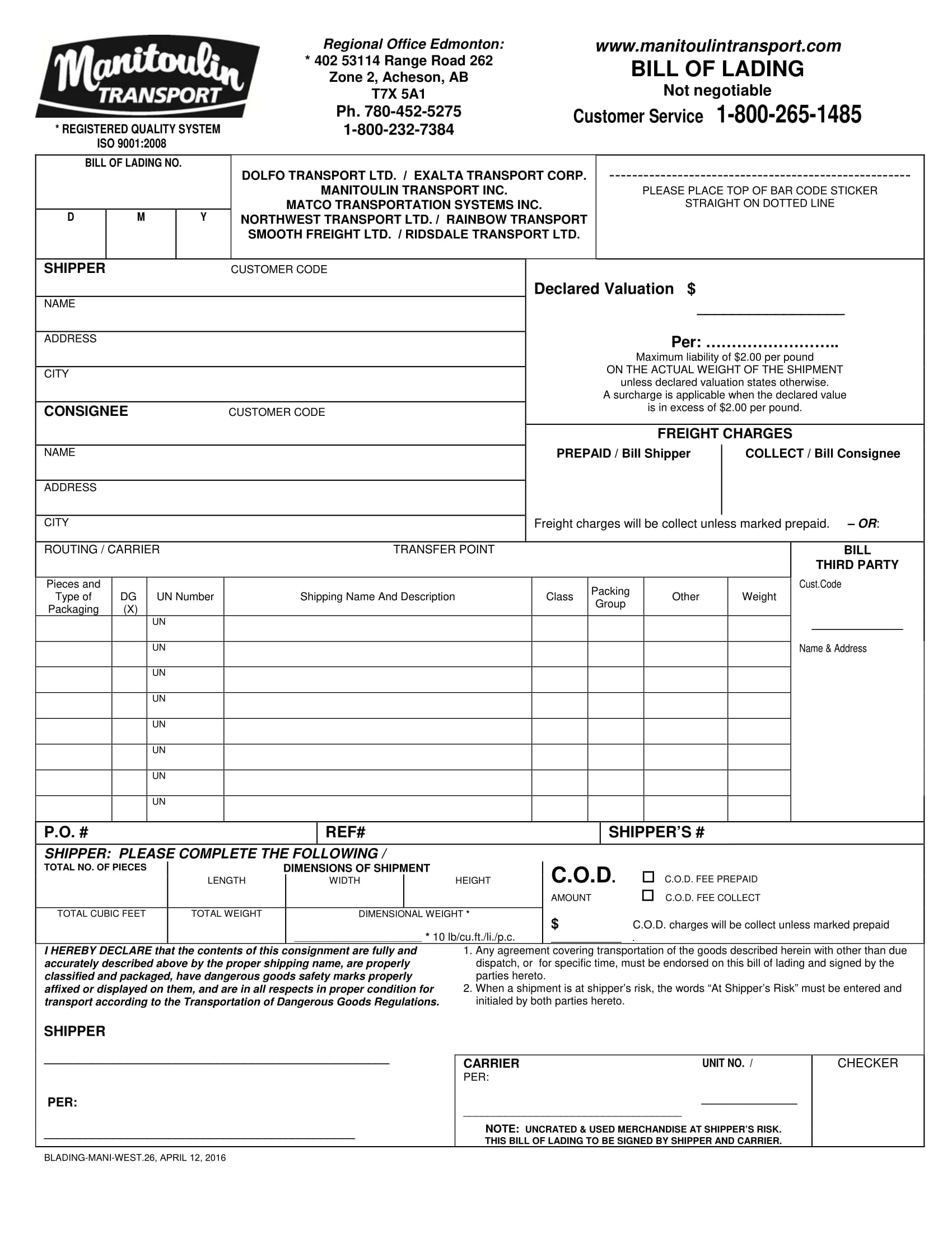 Manitoulin Transport Bill Of Lading Fill Out And Sign Printable Pdf
