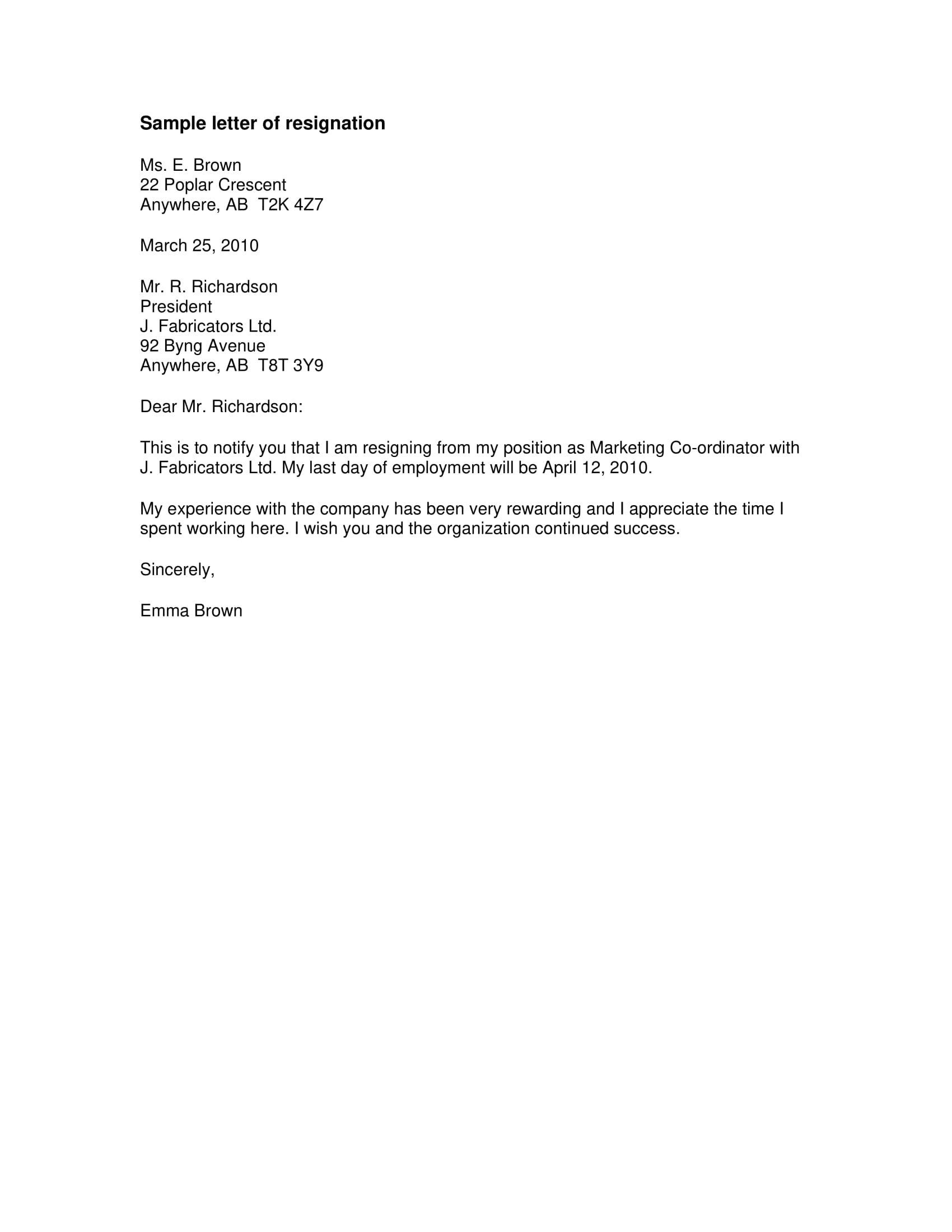 marketing coordinator resignation letter example