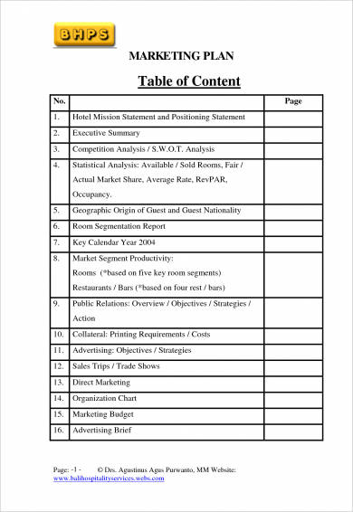 Marketing Plan Table Of Contents