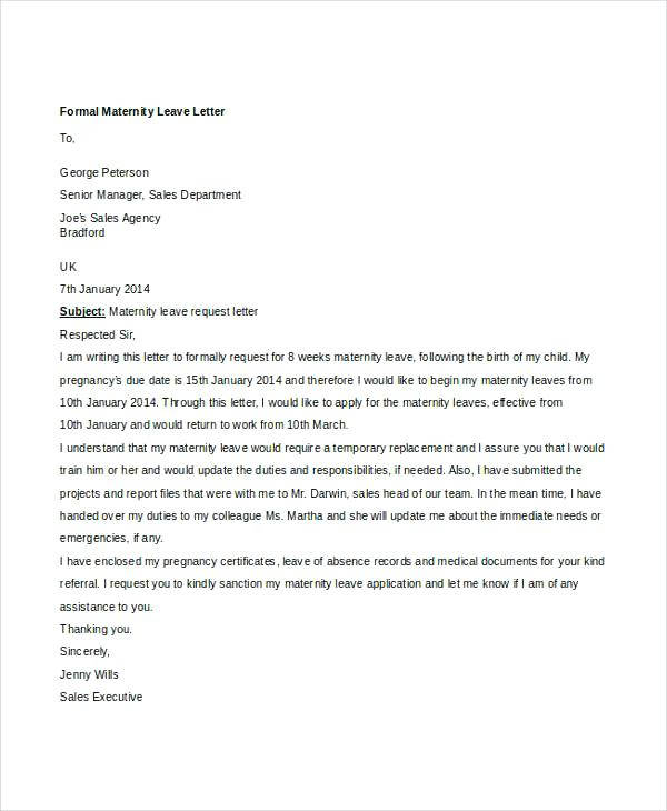 Maternity leave notice letter