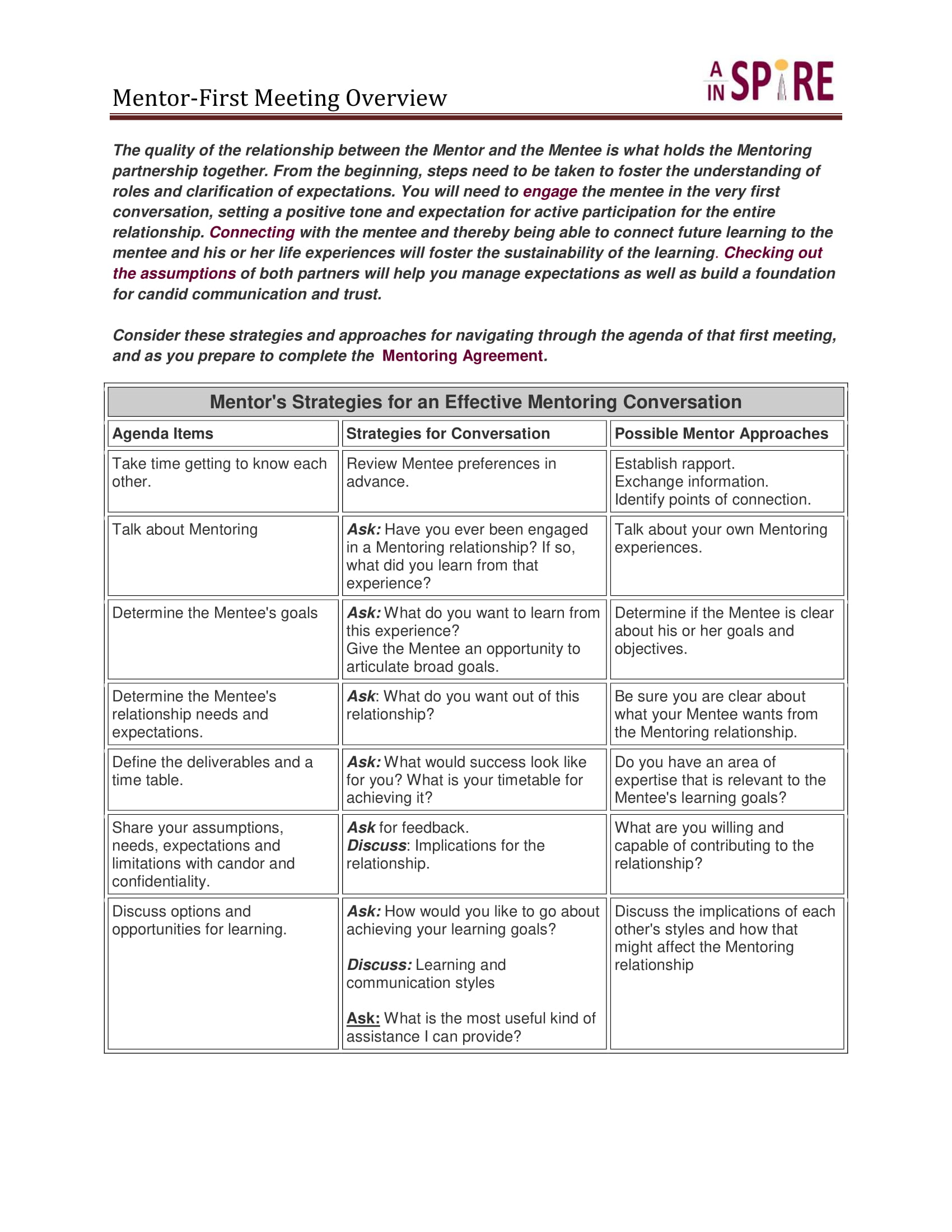 Mentoring Action Plan First Meeting Overview Example 1