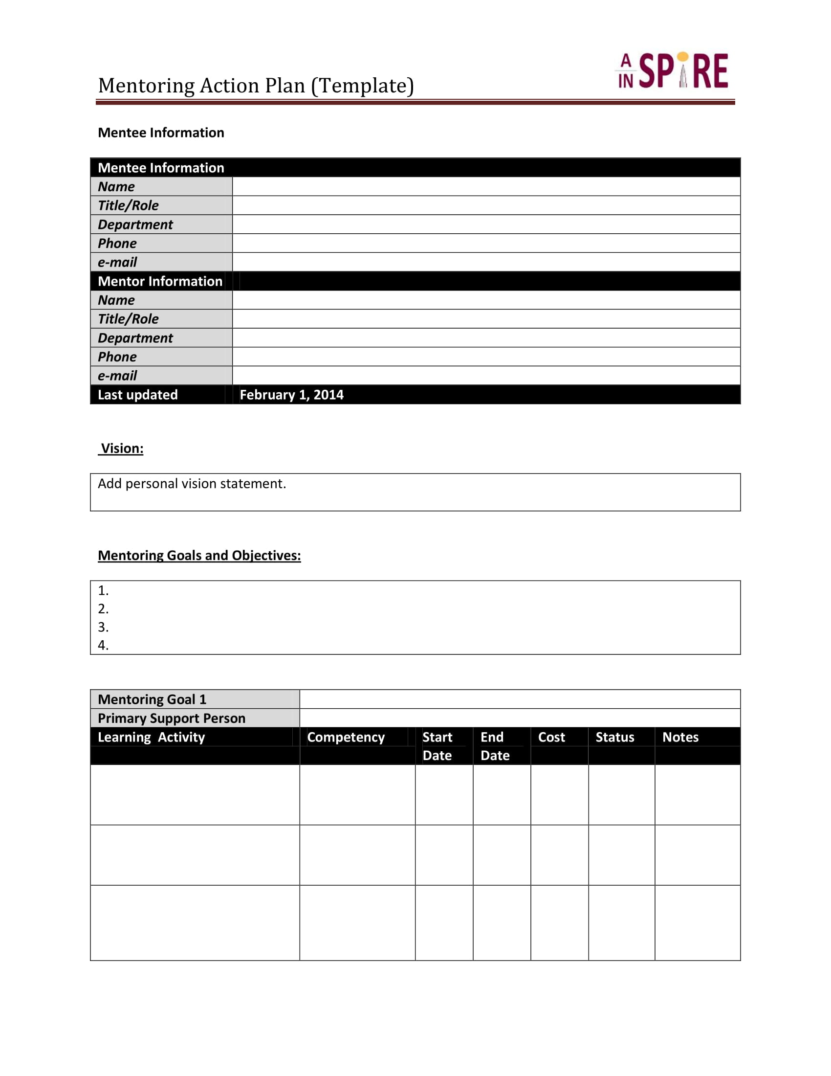 mentoring action plan template example 1