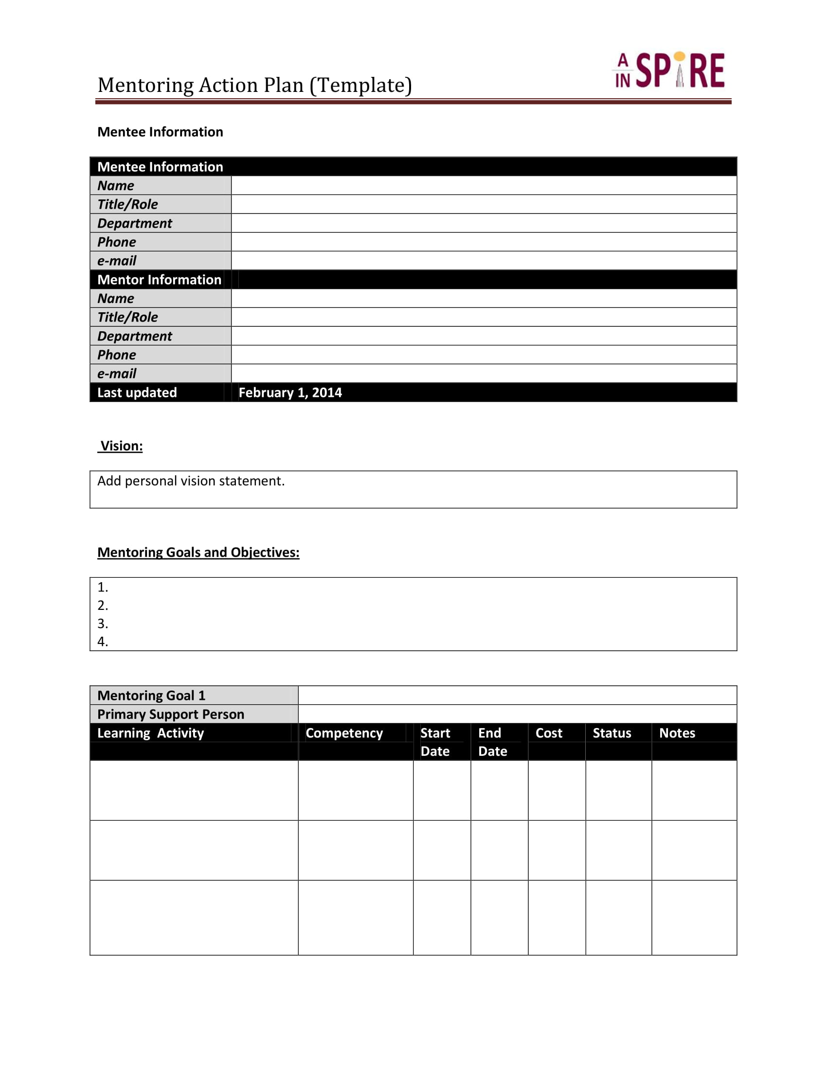 Mentoring Action Plan Template Example 1