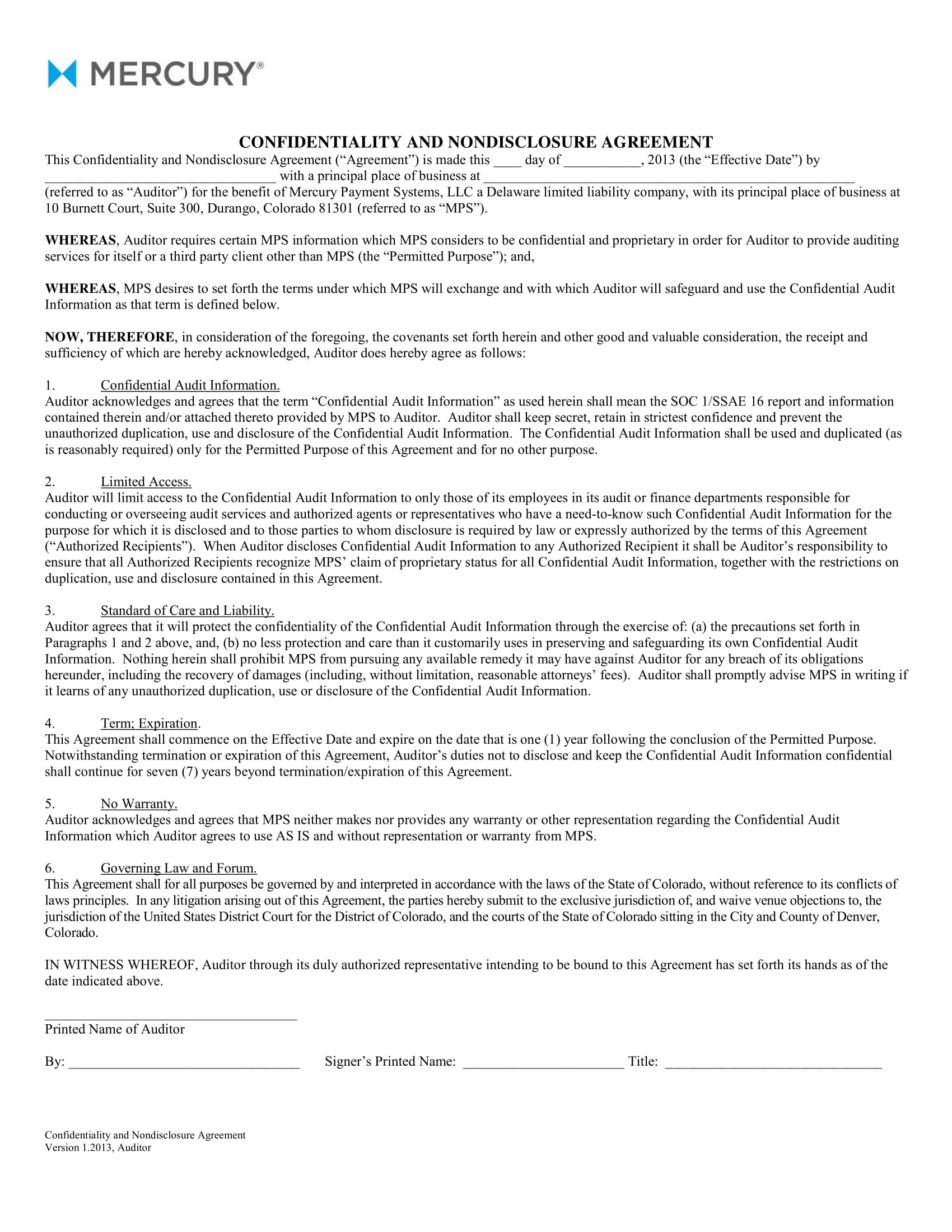 mercury audit confidentiality agreement example