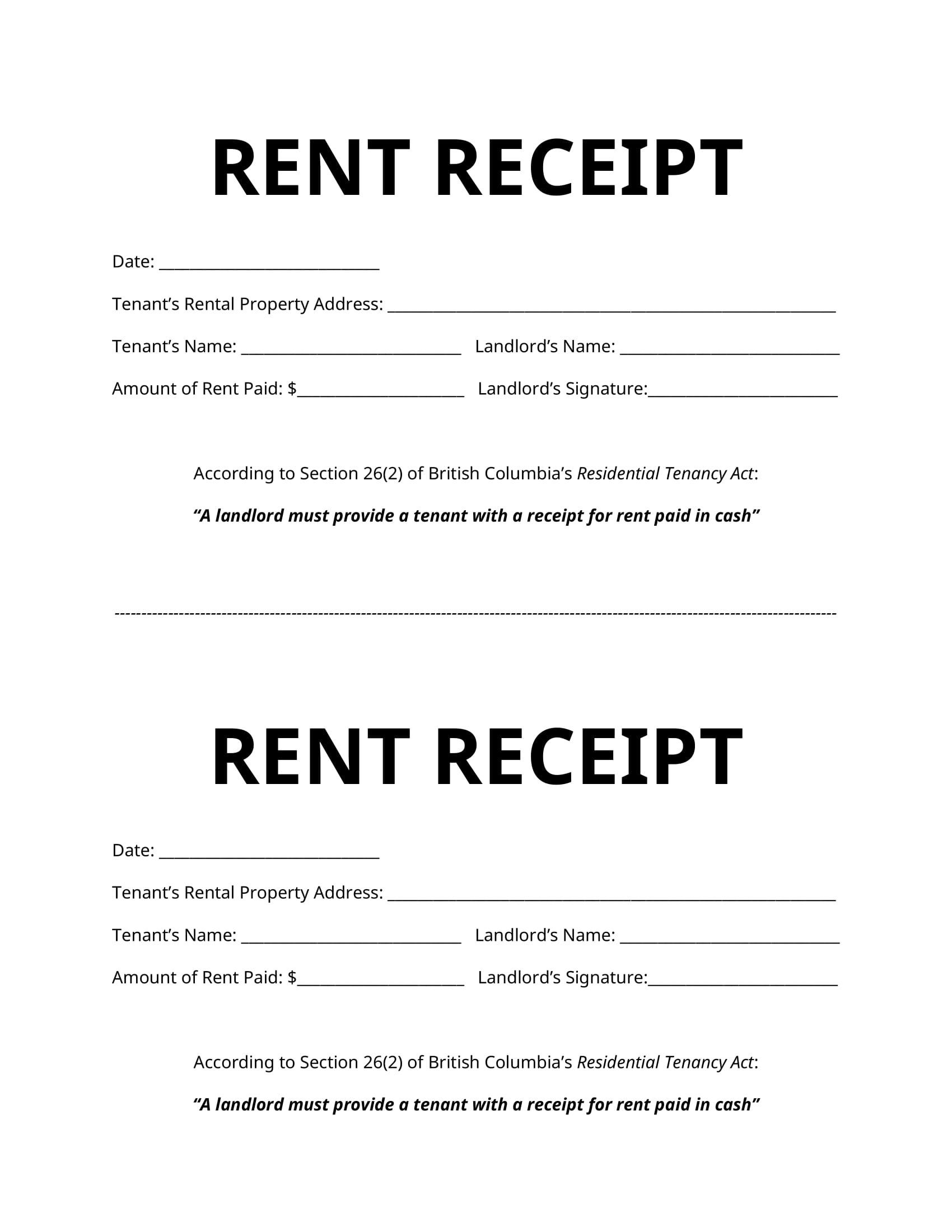 minimalist rent receipt of payment example