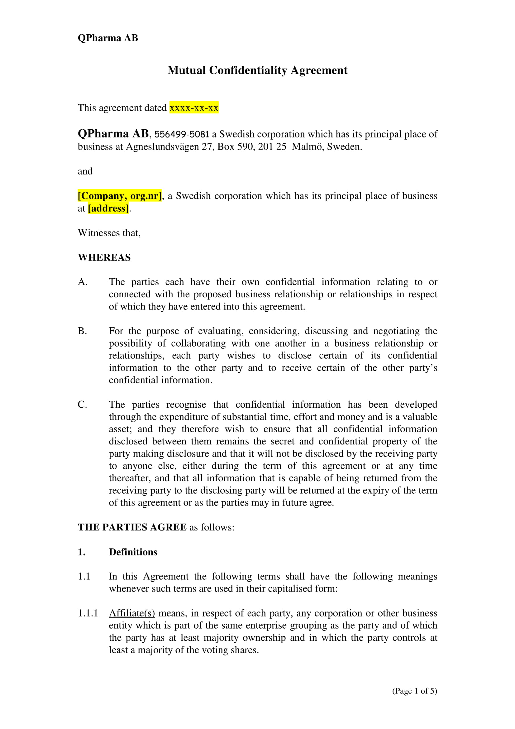mutual confidentiality agreement example 1