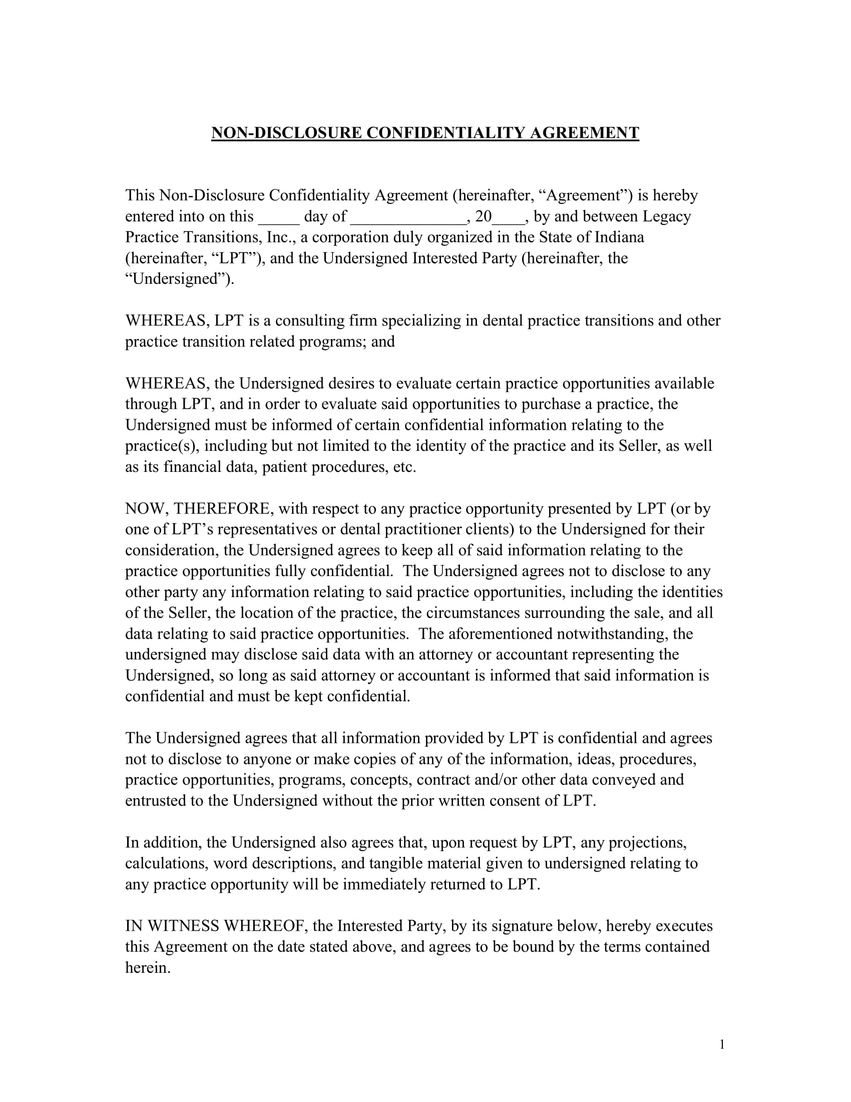 non disclosure confidentiality agreement example 1