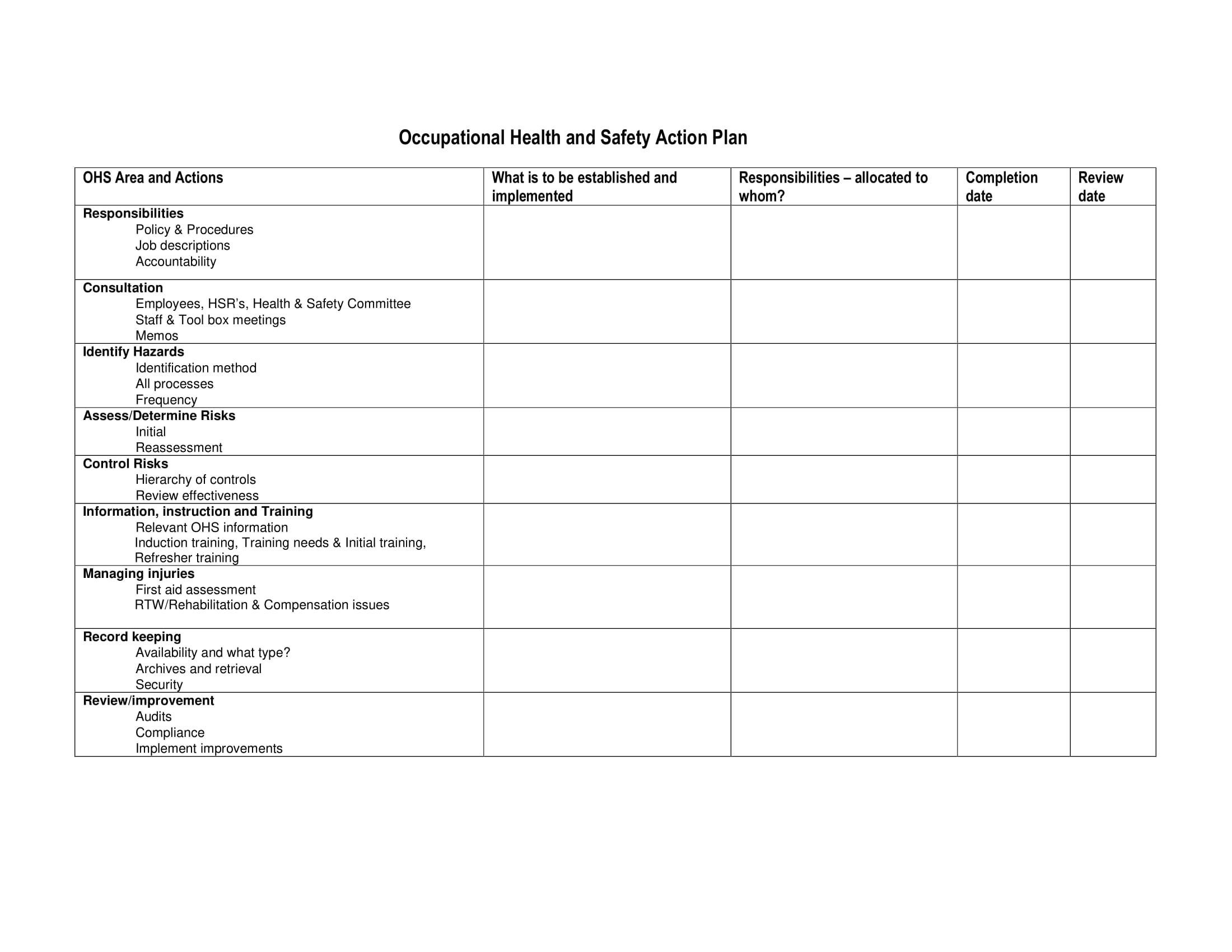 Occupational Health and Safety Action Plan Example 1