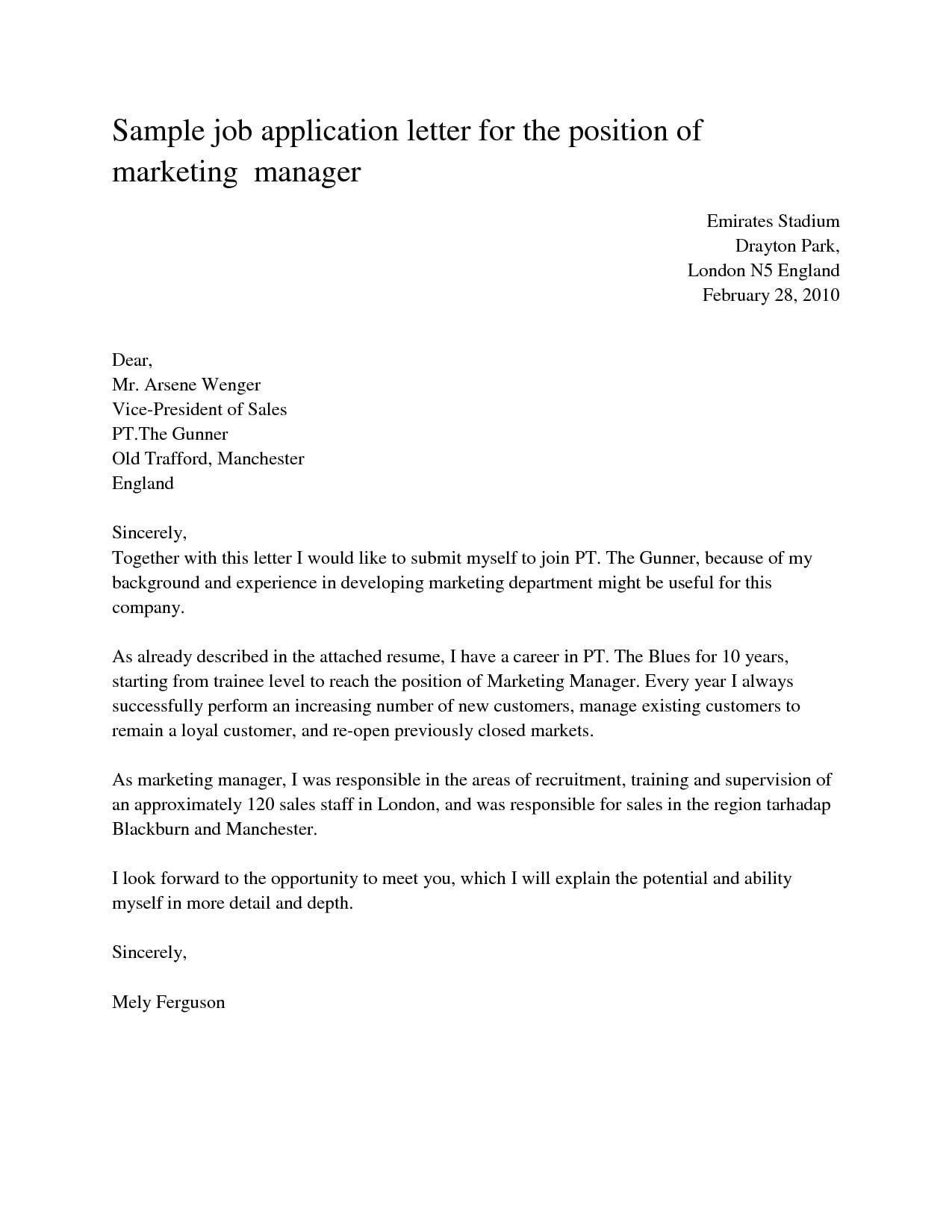 examples of application letter for job