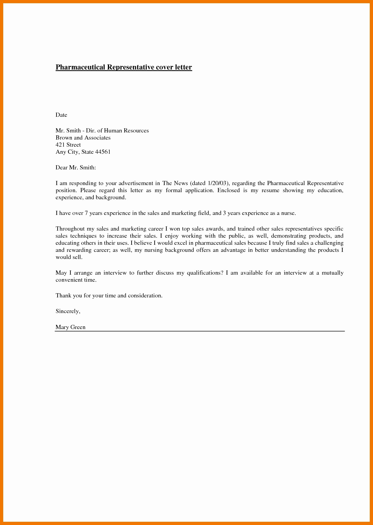 Pharmaceutical Cover Letter Examples Collection Letter Template   Pharmaceutical Representative Cover Letter 